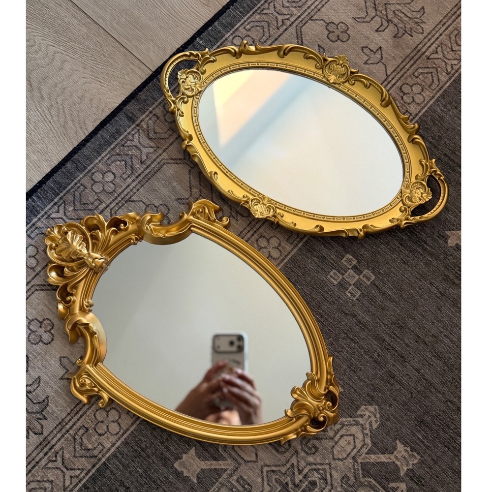 Vintage Style Gold Ornate Wall Mirror + Oval Vanity Tray Set Regency Decor NWOB